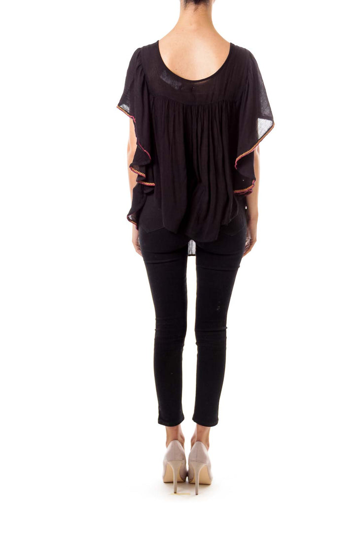 Black Embroidered Bat Sleeve Top