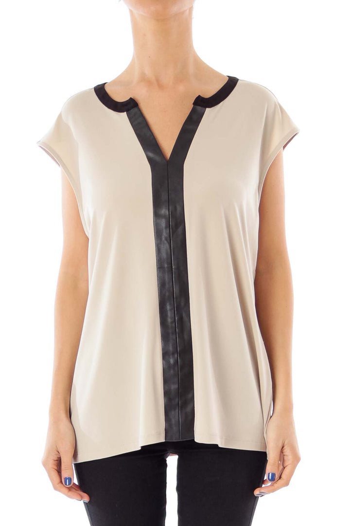 Beige and Black Leather Trim Sleeveless Top