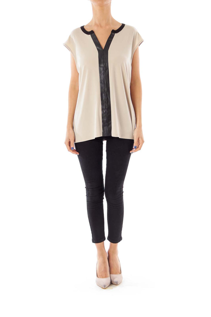 Beige and Black Leather Trim Sleeveless Top