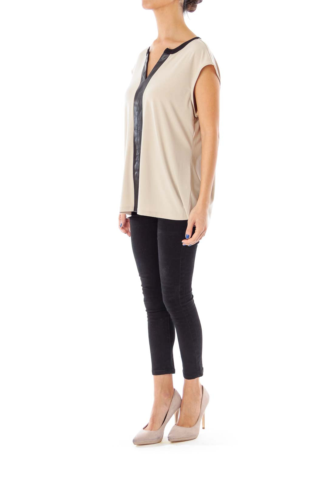 Beige and Black Leather Trim Sleeveless Top