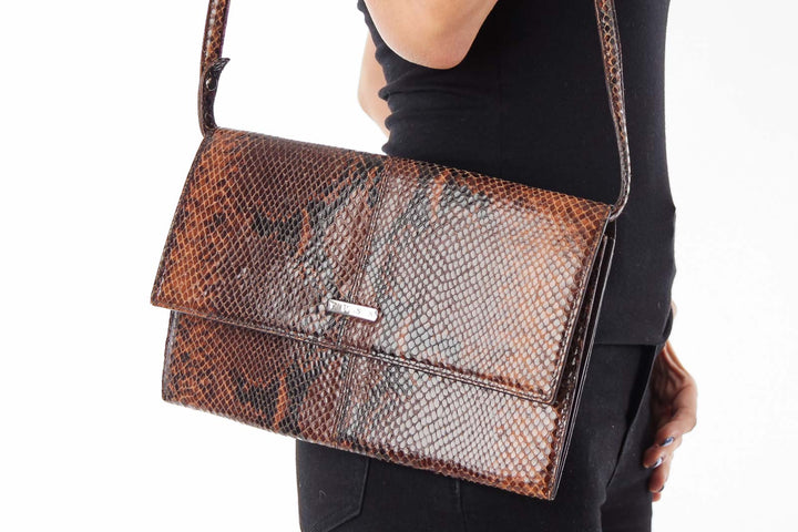 Brown Snake Leather Clutch