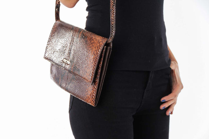 Brown Snake Leather Clutch