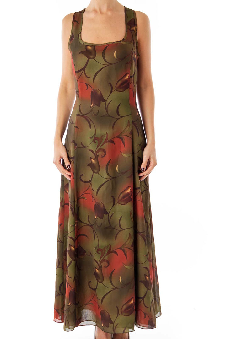 Army Green Tulip Print Maxi Dress