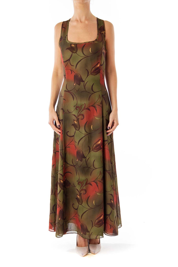 Army Green Tulip Print Maxi Dress