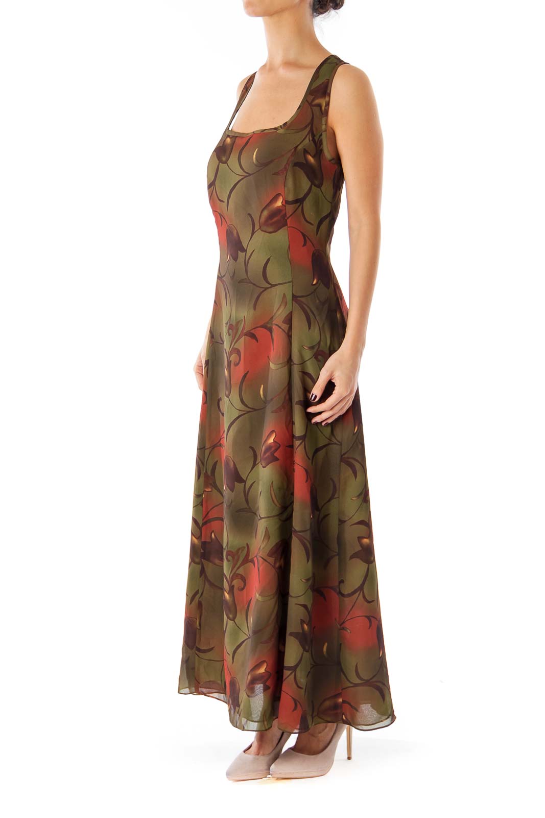 Army Green Tulip Print Maxi Dress