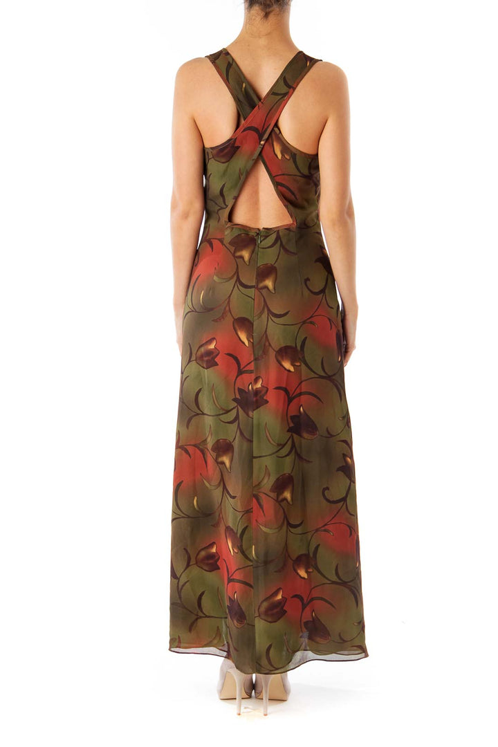 Army Green Tulip Print Maxi Dress