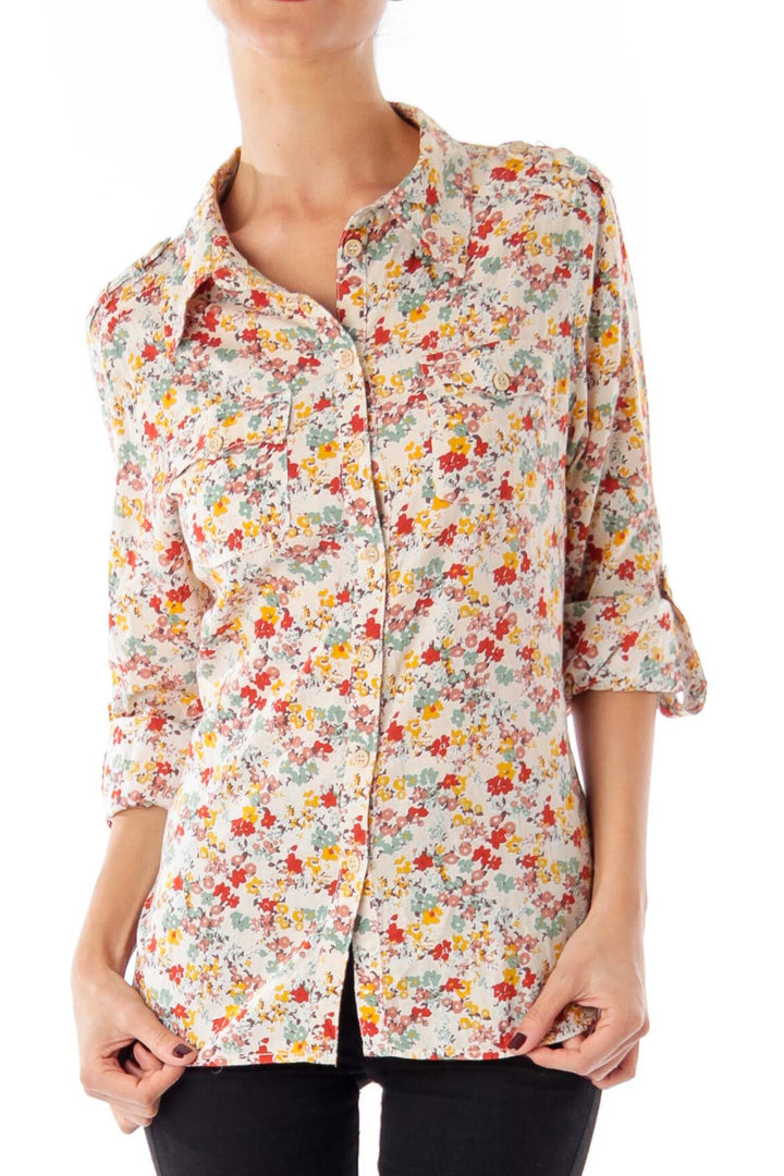 Beige Flower Print Button Down Shirt