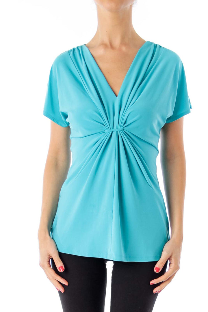 Blue Scrunch Detail V-Neck Top