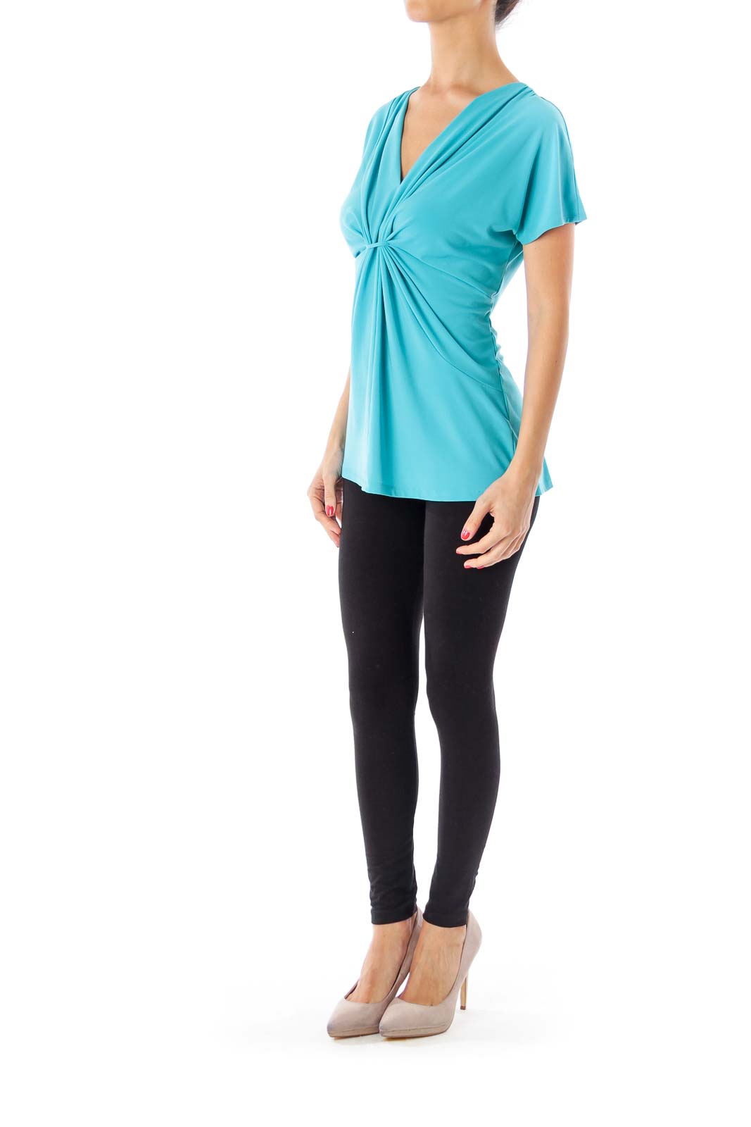 Blue Scrunch Detail V-Neck Top