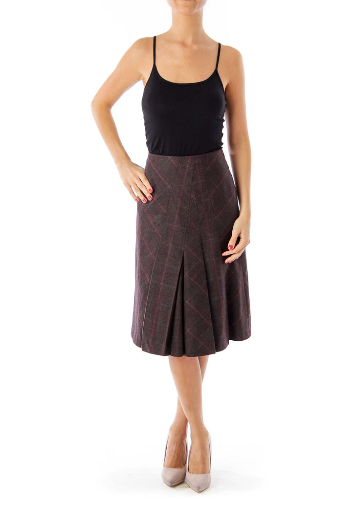 Burgundy Check A-Line Skirt