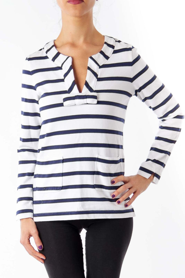 White & Navy Stripe Jersey Top