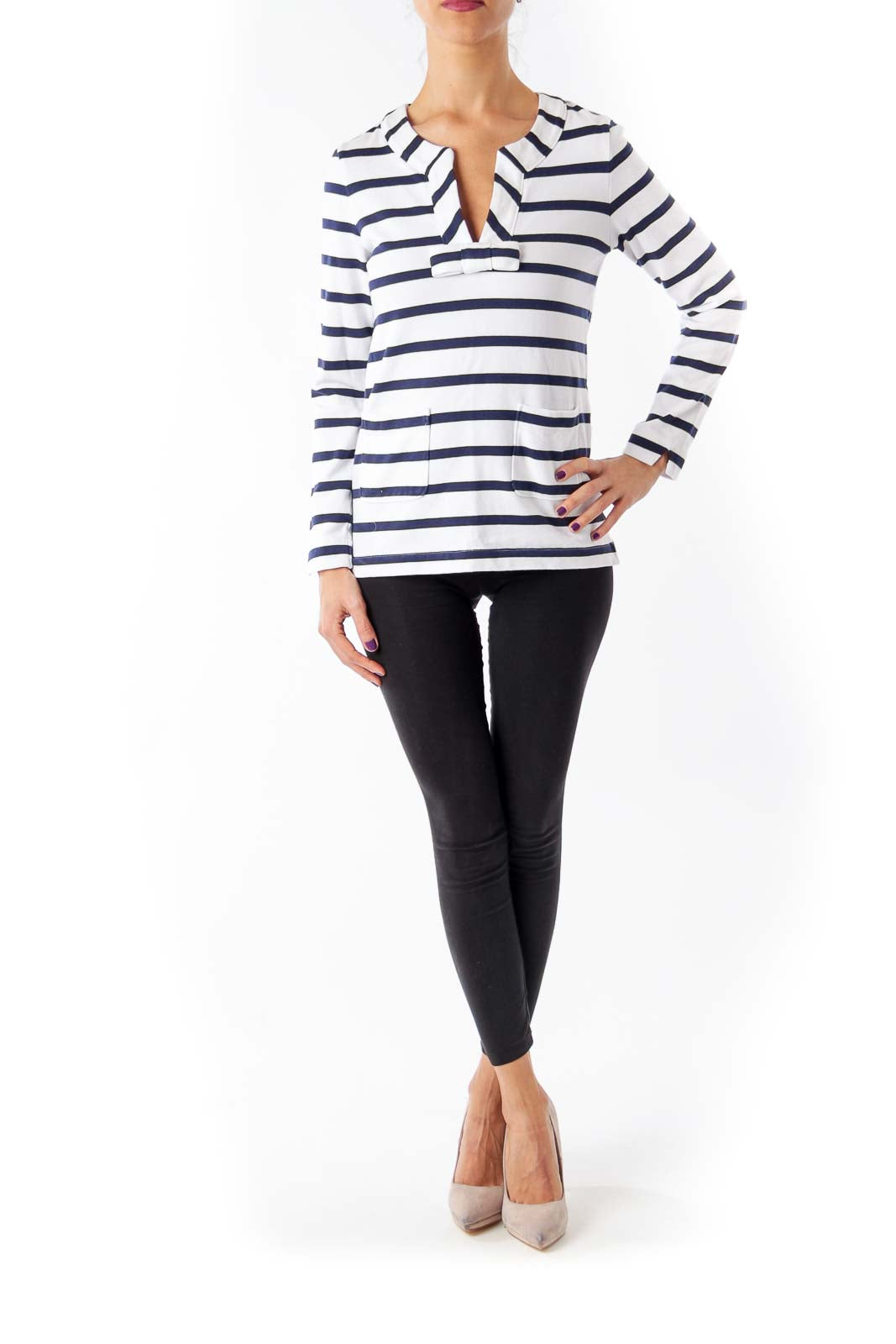 White & Navy Stripe Jersey Top