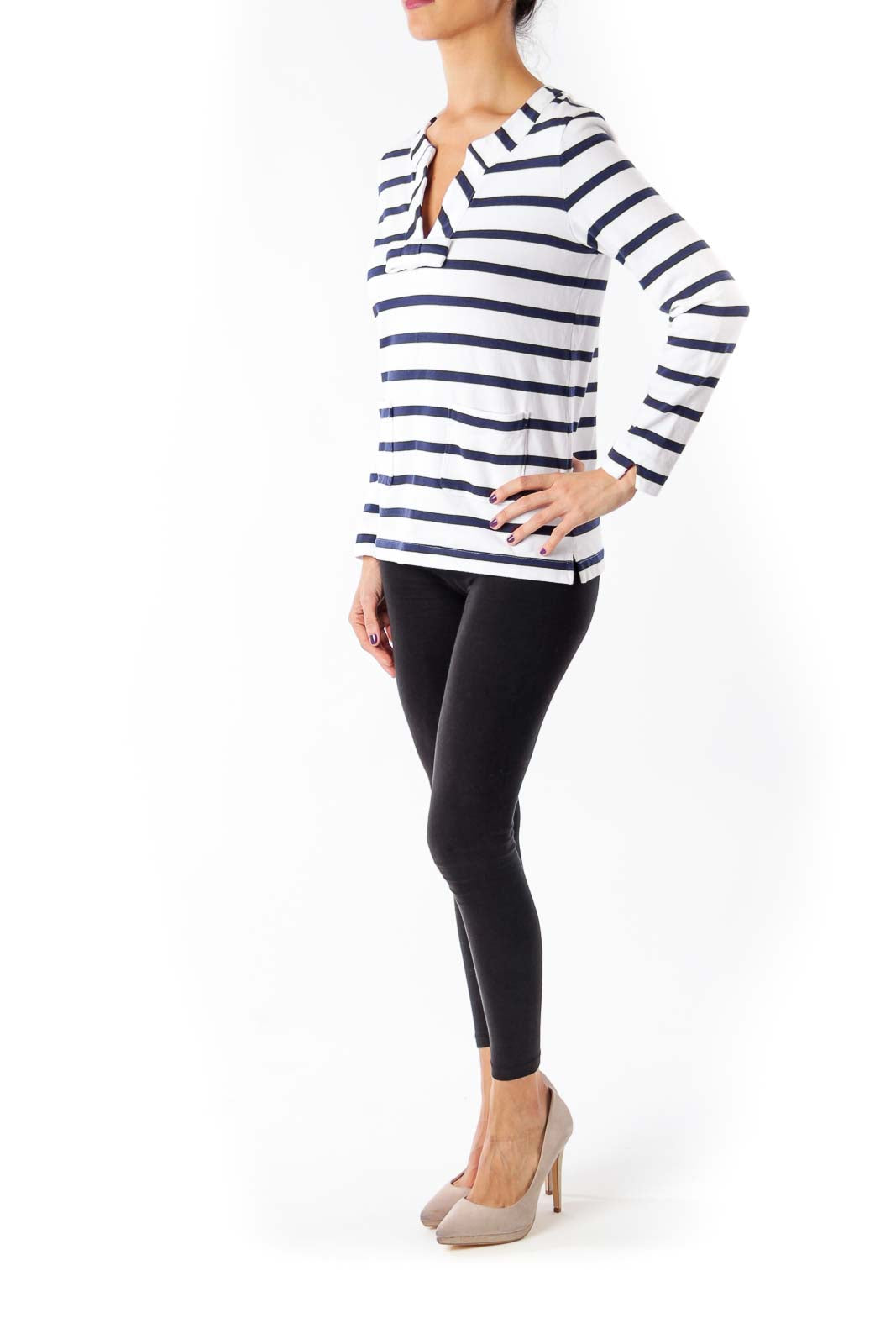 White & Navy Stripe Jersey Top