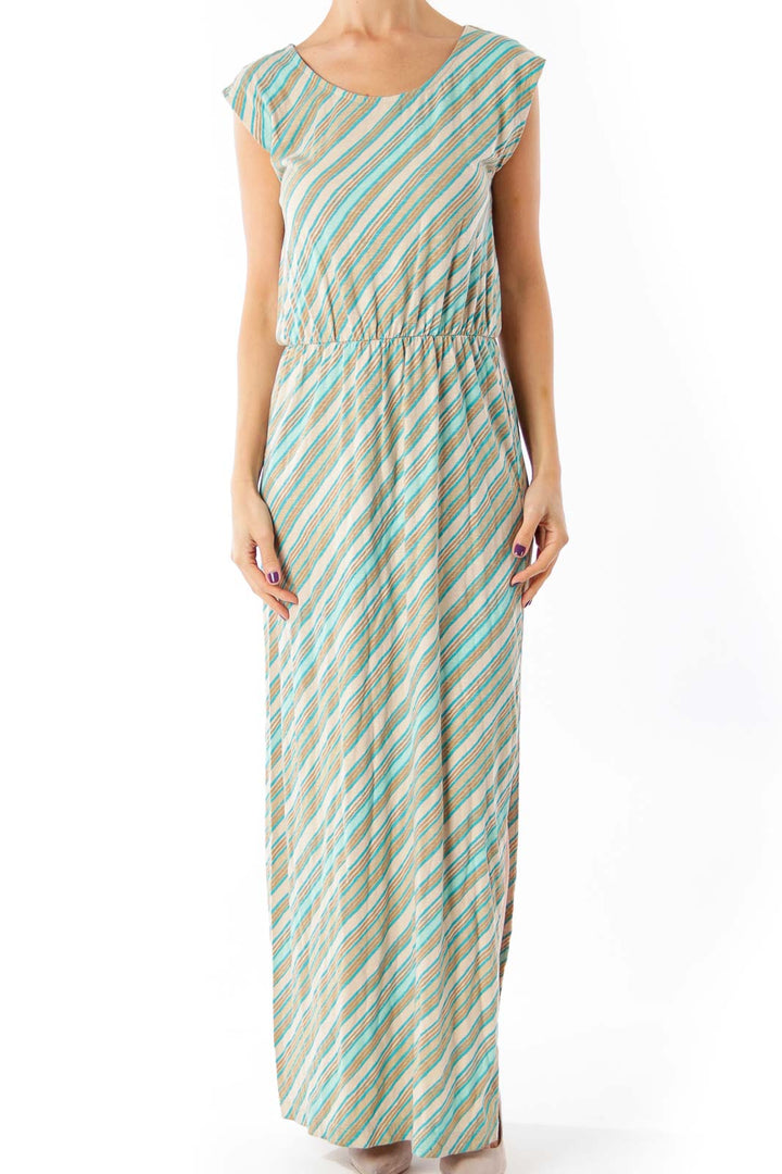 Turquoise & Beige Stripe Maxi Dress