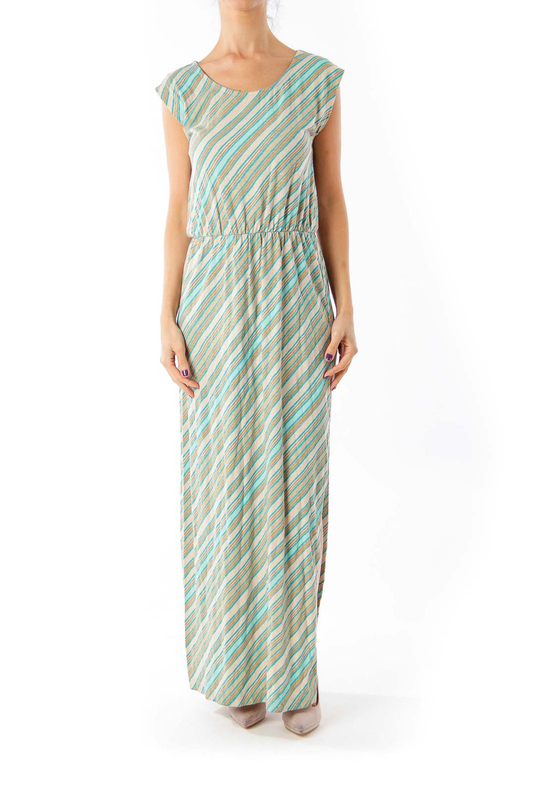 Turquoise & Beige Stripe Maxi Dress