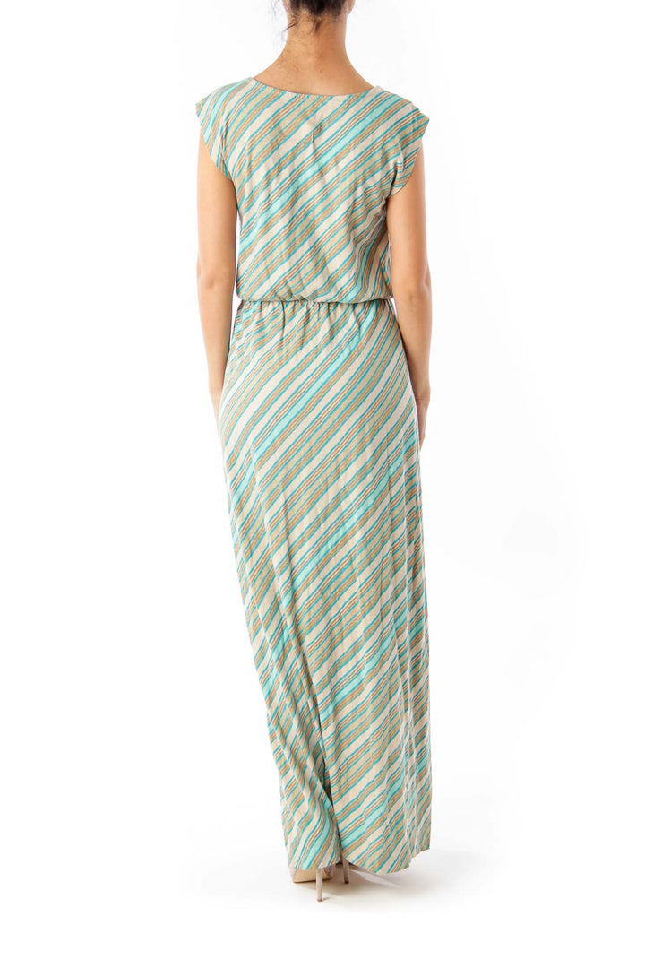 Turquoise & Beige Stripe Maxi Dress