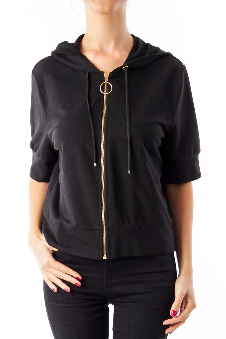 Black Short Sleeve Zip Up Top