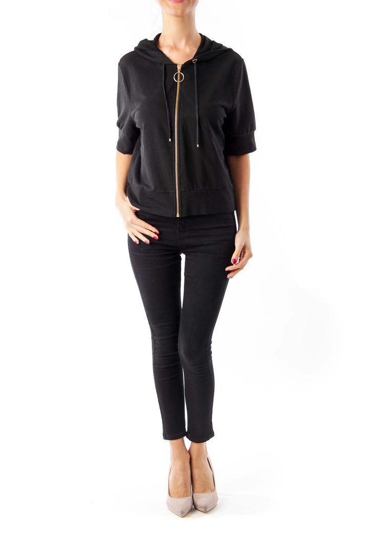 Black Short Sleeve Zip Up Top