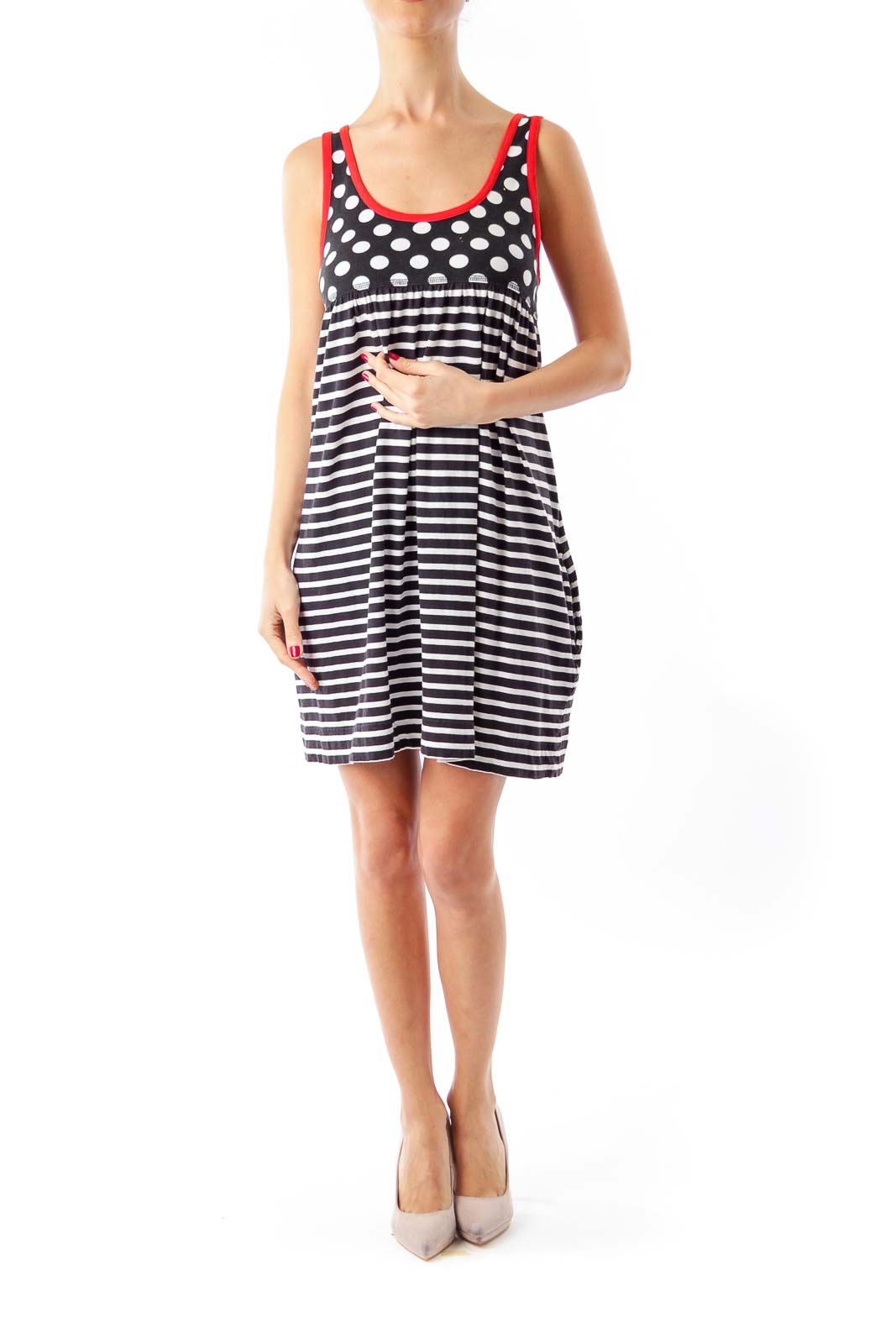 Navy Blue & White Polka Dot Strip Dress