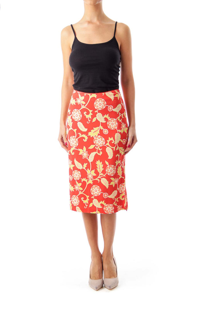 Orange Flower Pattern Pencil Skirt