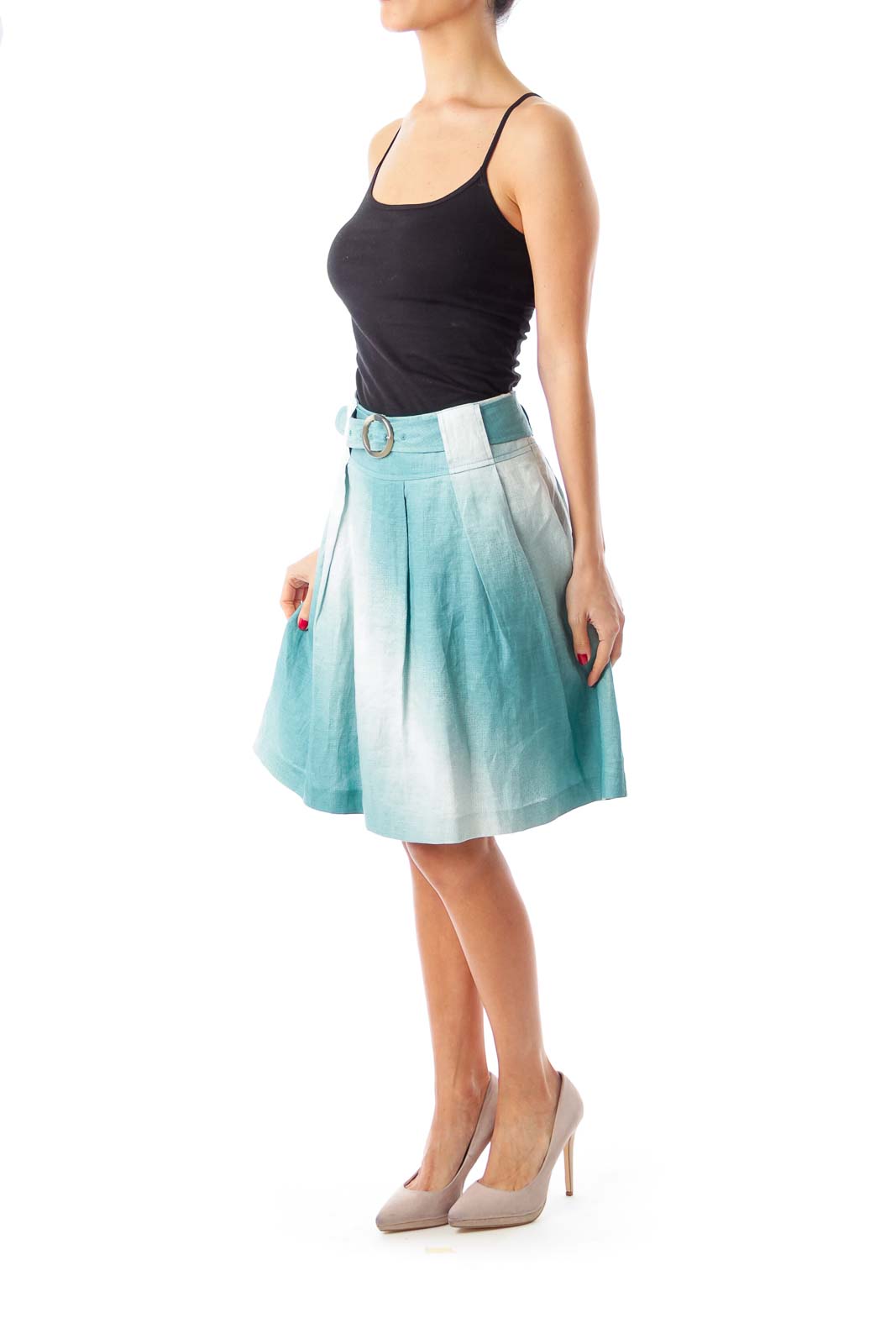 Turquoise & White Belted A-Line Skirt