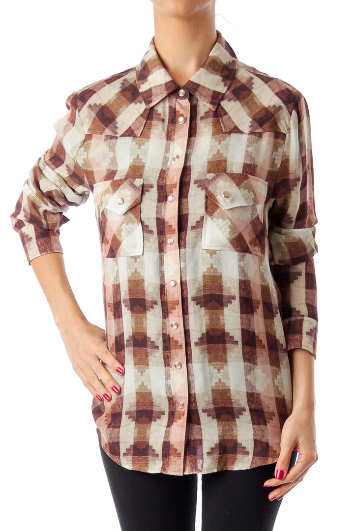 Brown Beige & Pin Geometric Pattern Button Down Shirt