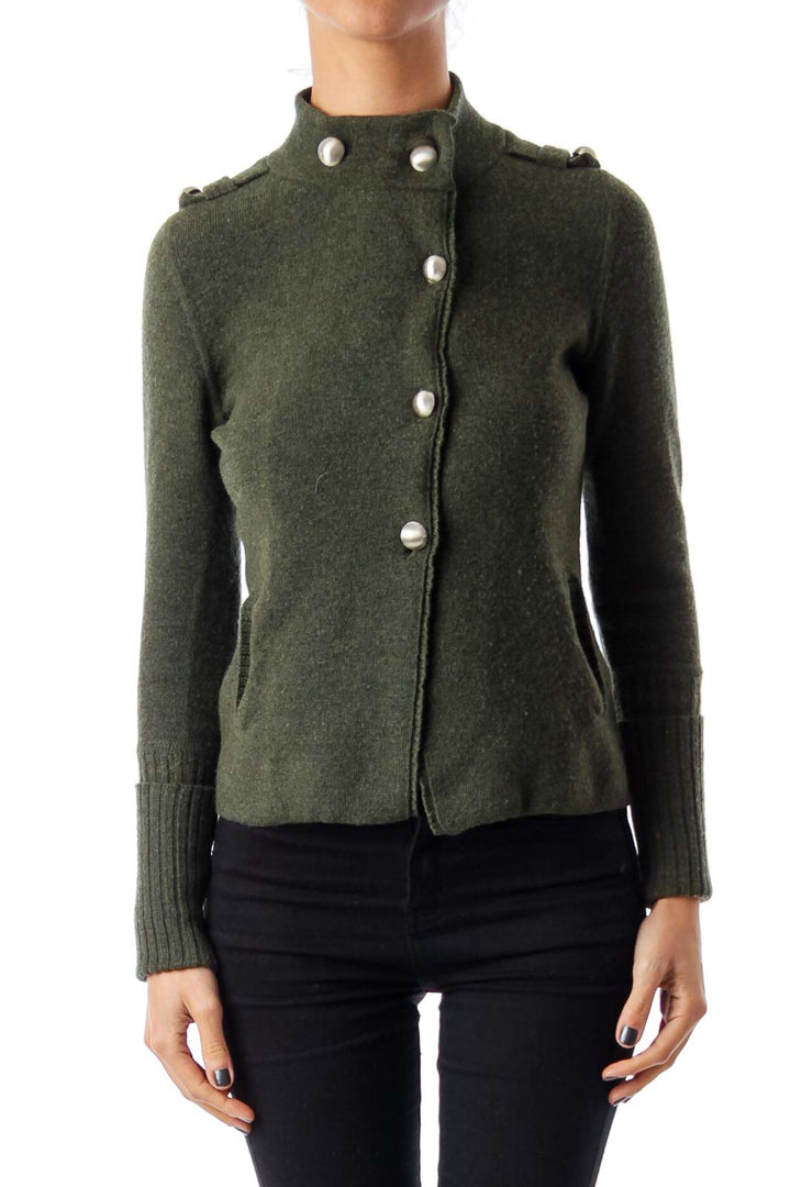 Army Green Slim Fit Silver Button Cardigan