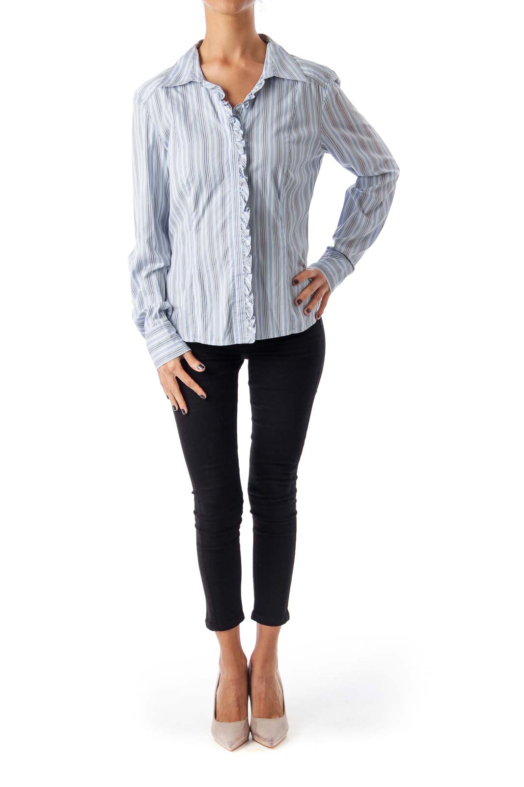 Blue Stripe Frilled Detail Shirt