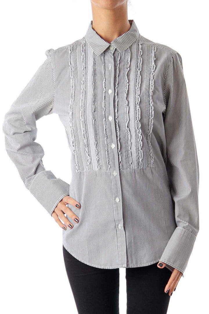 White & Gray Stripe Frilled Shirt