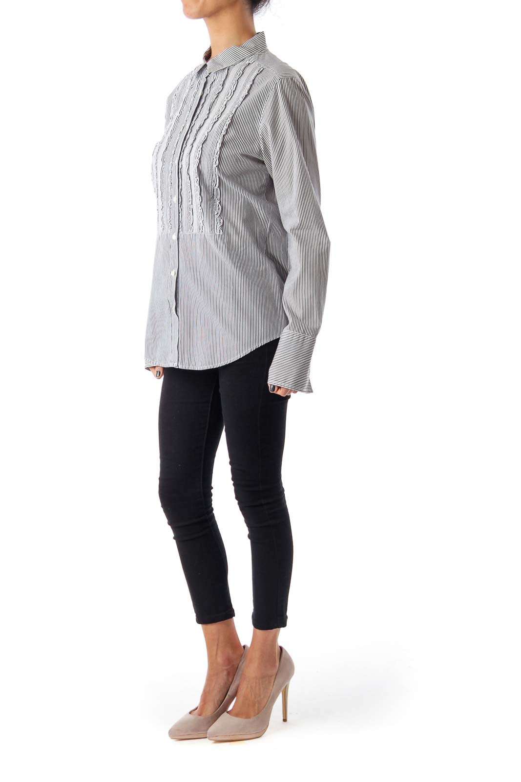 White & Gray Stripe Frilled Shirt