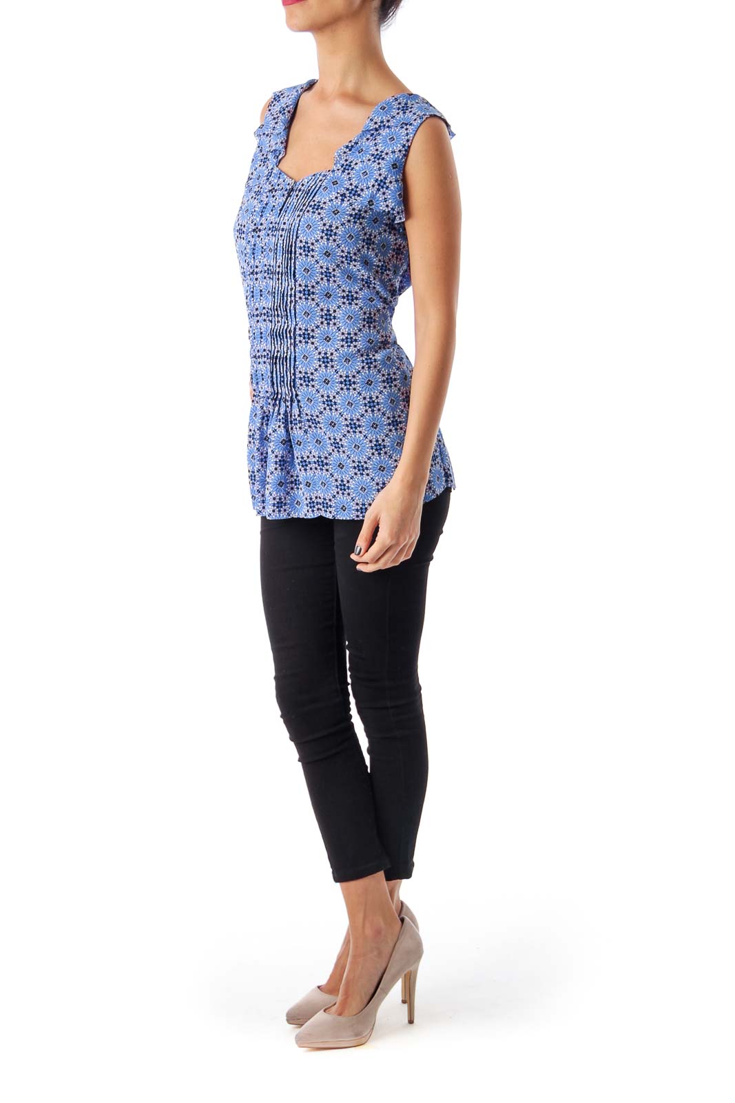 Blue Flower Print Ruffle Top