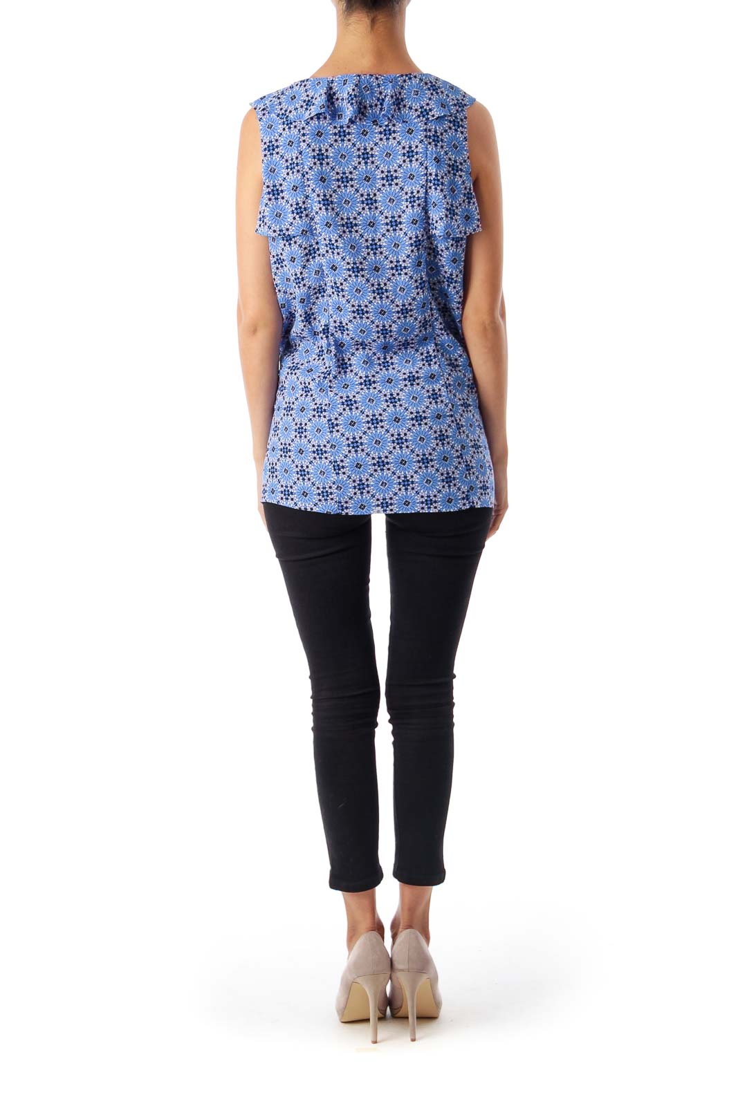 Blue Flower Print Ruffle Top