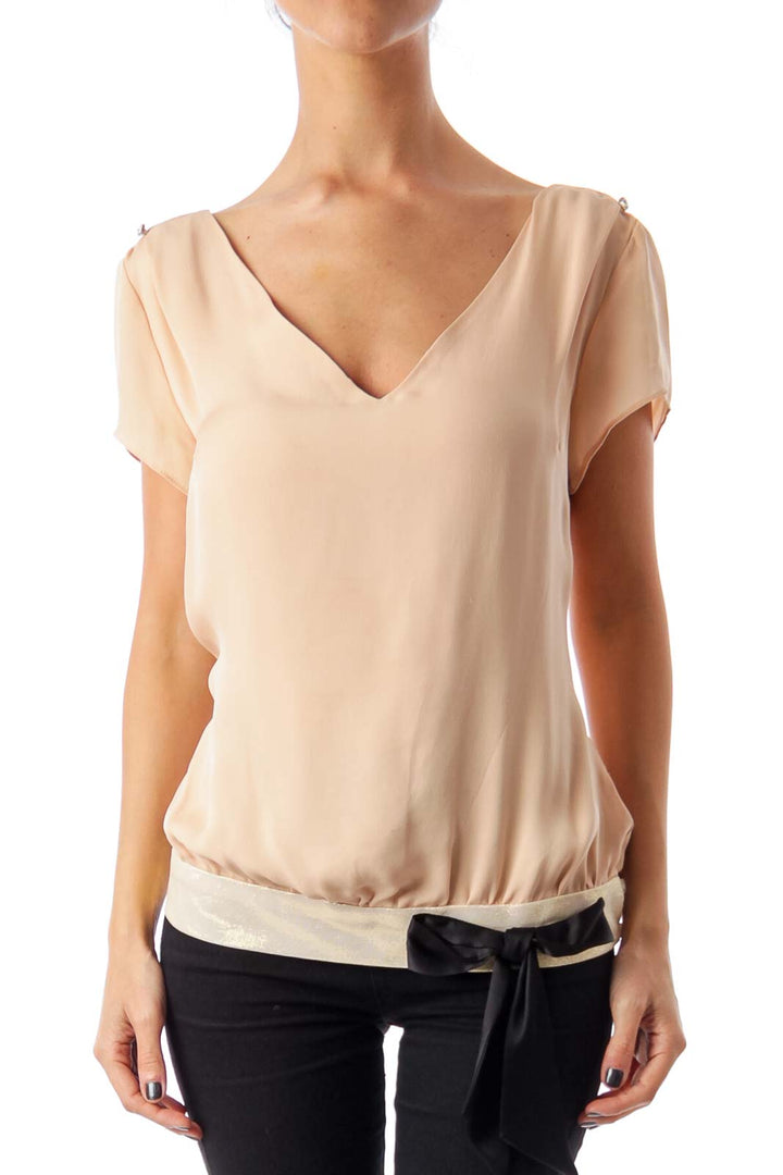 Peach V-Neck Short Sleeve Blouse