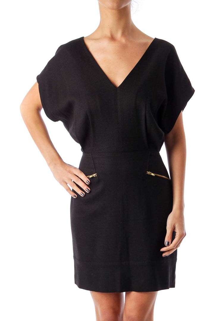 Black V-neck Zip Up Dress