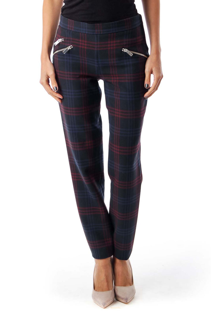 Navy & Red Check Skinny Pants