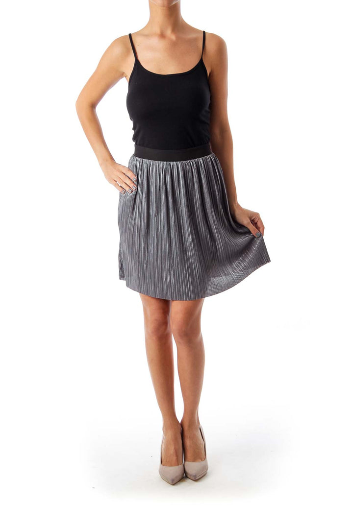 Gray Metallic Pleated Skirt