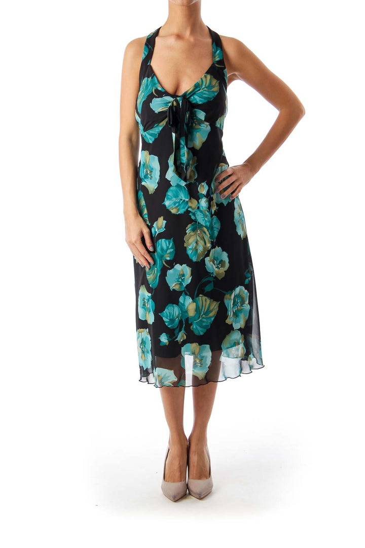 Black & Turquoise Floral Halter Dress