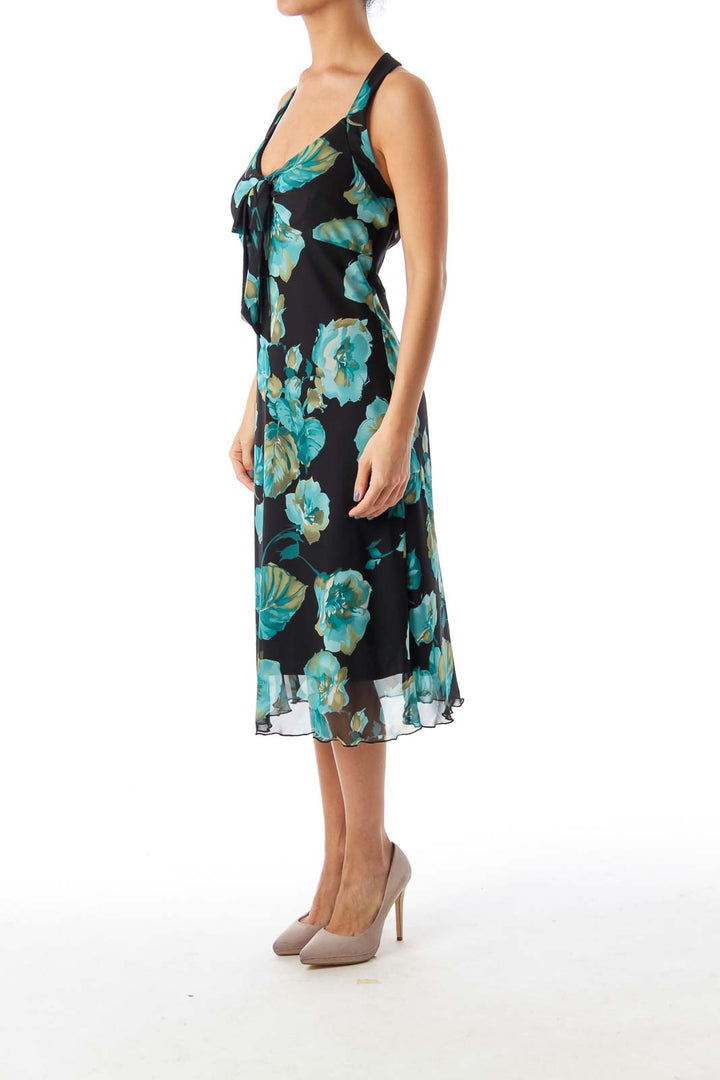 Black & Turquoise Floral Halter Dress