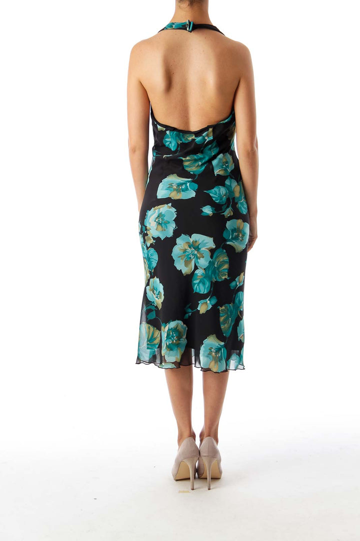 Black & Turquoise Floral Halter Dress