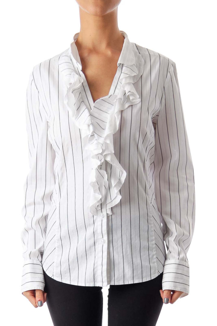 White & Black Stripe Ruffle Shirt