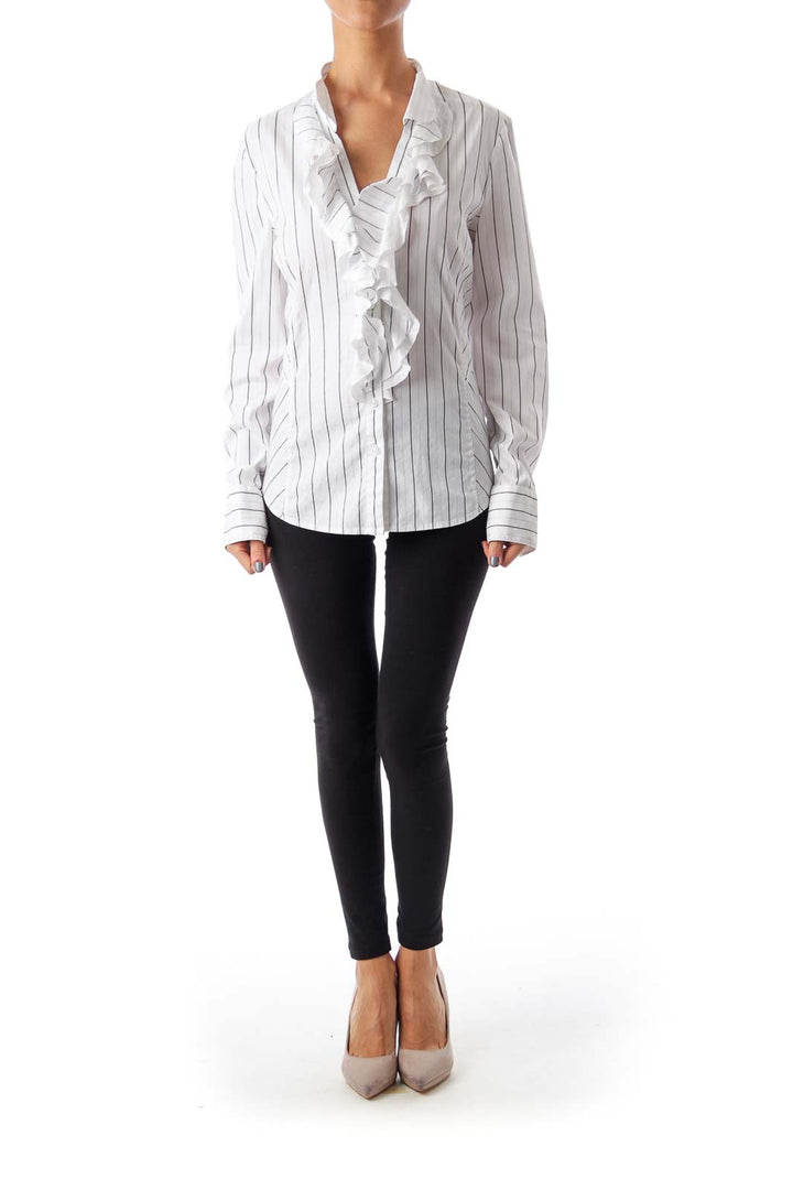 White & Black Stripe Ruffle Shirt