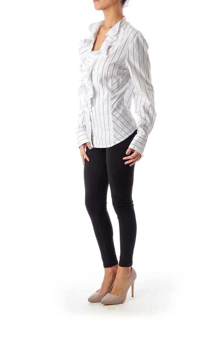 White & Black Stripe Ruffle Shirt