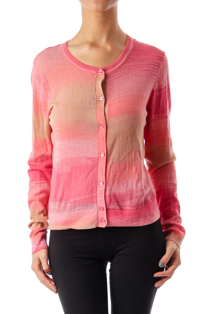 Pink & Brown Round Neck Cardigan