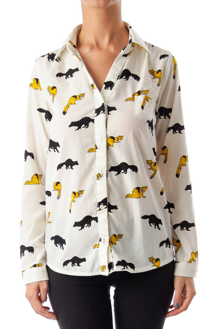 Cream Fox Print Button Down Shirt