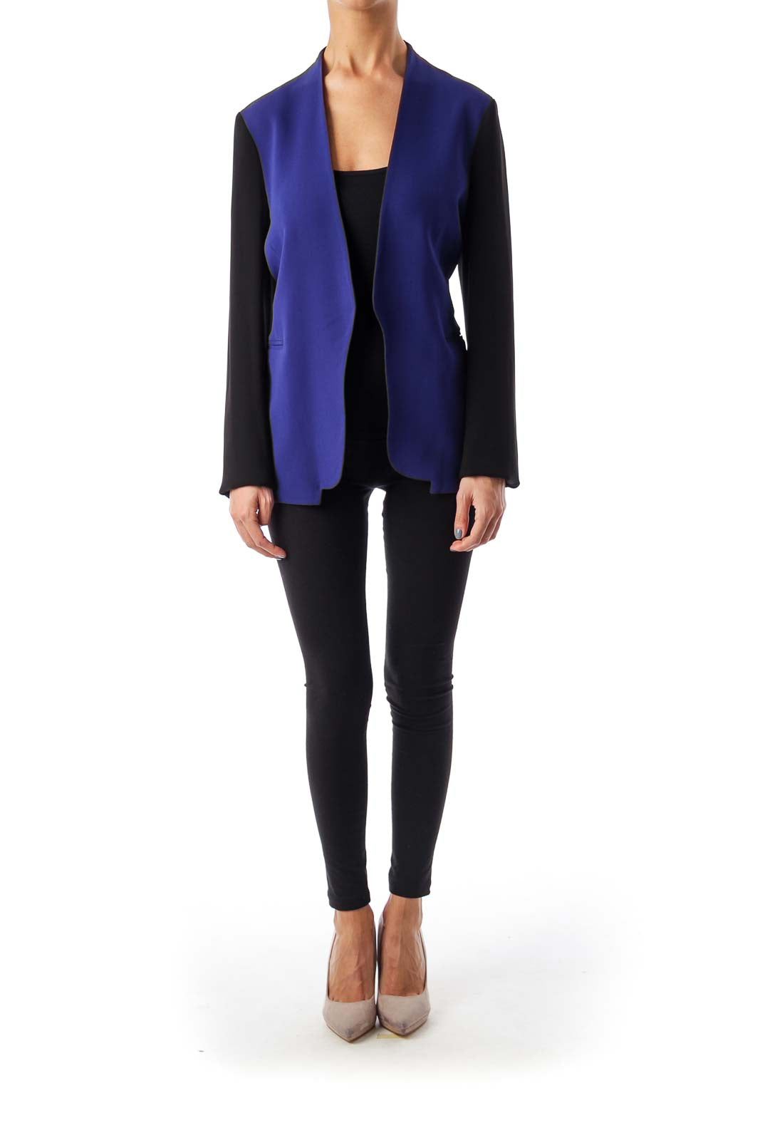 Blue & Black Collarless Blazer