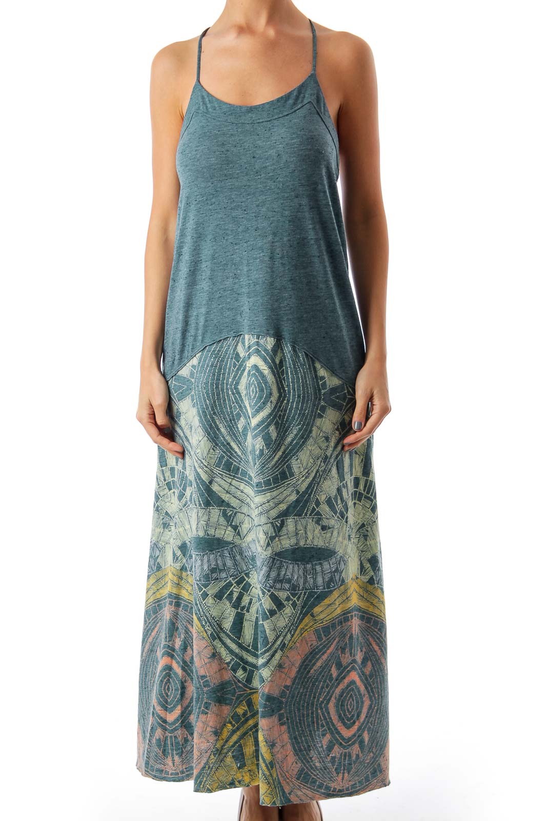 Front view of teal Free People maxi dress with bohemian print skirt