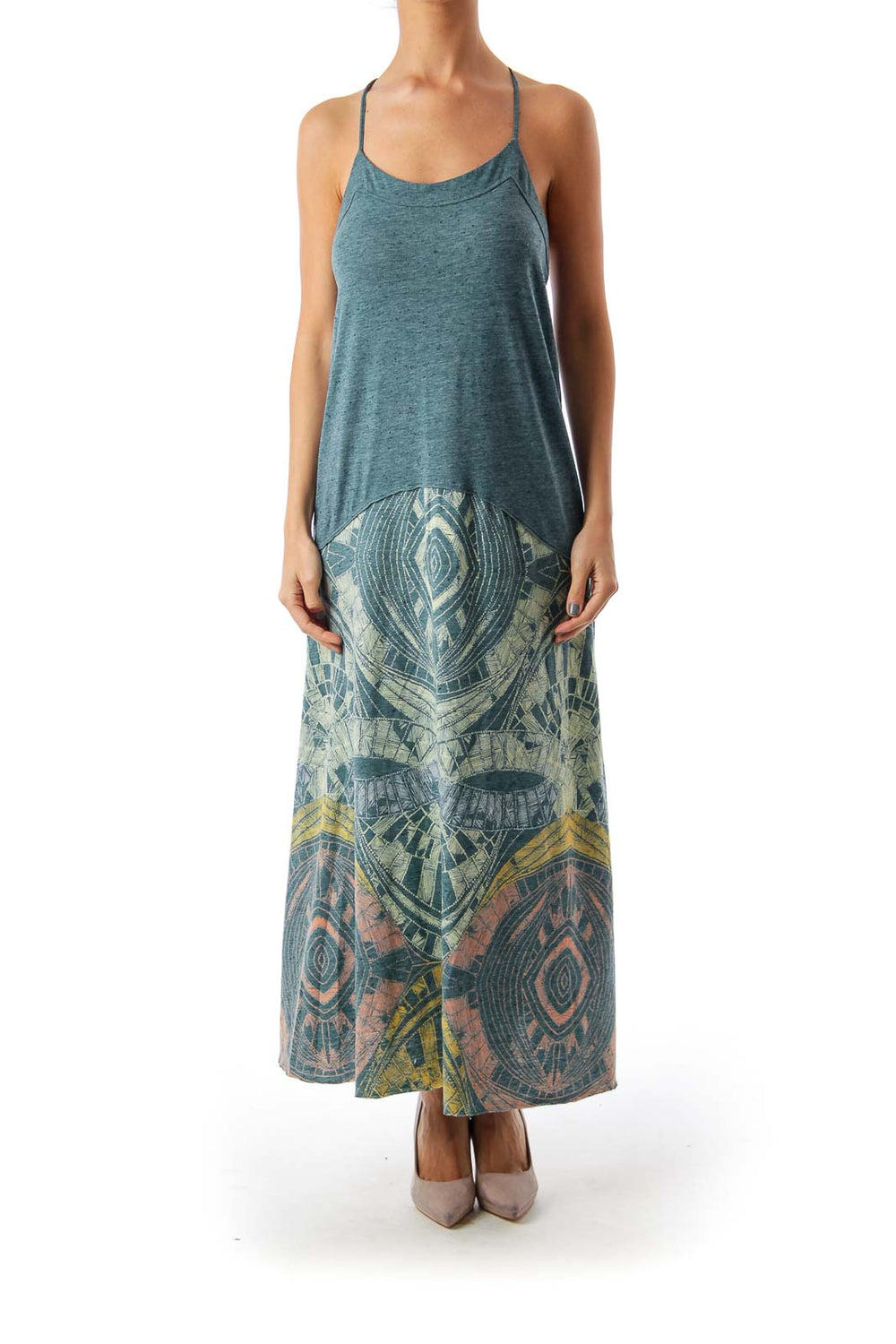 Front view of teal Free People maxi dress with bohemian print skirt