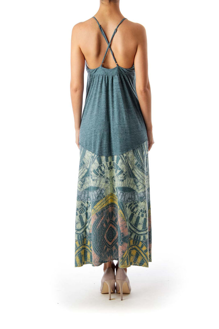 Back view of teal Free People maxi dress showing racerback design