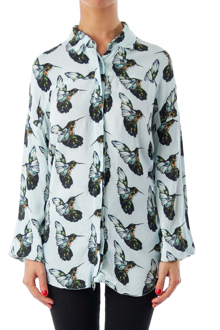 Blue Birds Print Button Down Shirt