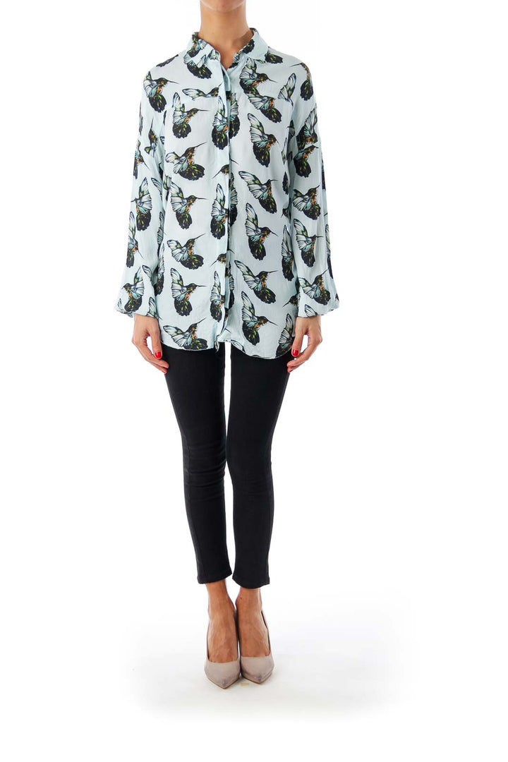 Blue Birds Print Button Down Shirt